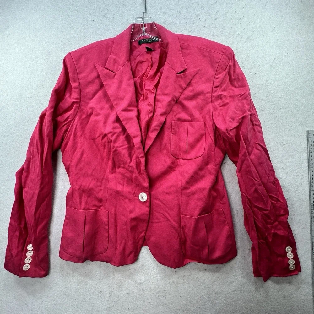 Ralph‎ Lauren Blazer Jacket Womens Fitted 12/14 100% Silk Designer Hot Pink Glam